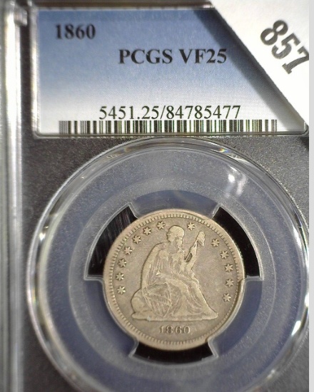 1860 Type 2 No motto U.S. Seated Liberty Quarter, slabbed PCGS VG25. Great Civil War date with only