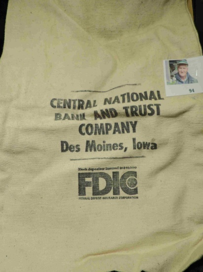 Large Canvas Money Bag "Central National/Bank and Trust/Company/Des Moines, Iowaâ€¦FDICâ€¦".