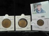 (3) High grade bronze coins from Guernsey: 1934H 8 Doubles, UNC; 1920H 4 Doubles AU+; & 1933 H One D