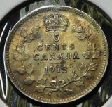 1913 Canada Five Cent Silver, EF, nicely toned, .0346 oz. Silver.