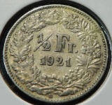 1921 Switzerland Silver Half Franc, VF/EF. .0671 oz. Silver.