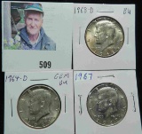 1964 D, 67 P, & 68 D Gem BU Silver Kennedy Half Dollars.