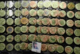(60) various Wooden Nickels from Iowa in a pair of plastic pages.