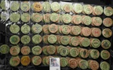 (94) various Wooden Nickels from Iowa in a pair of plastic pages.