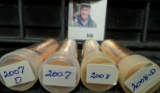 2007 P & D & 2008 P & D Gem BU Solid date rolls of Lincoln Cents stored in hard plastic tubes.