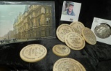 Pre World War II Post card depicting the Liverpool, England Post Office; (7) Wooden Nickels includin
