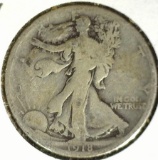 1918 D Silver Walking Liberty Half Dollar, Good+.