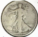 1927 S Silver Walking Liberty Half Dollar, VG-Fine. Semi key date. Carded.