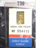 Credit Suisse 1 Gram .9999 fine Gold ingot. Carded.