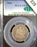 1843 Type 2, No Motto U.S. Seated Liberty Quarter, PCGS slabbed Green sticker CAC VF30 Only 645,600