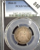 1844 New Orleans Type 2, No Motto U.S. Seated Liberty Quarter, PCGS slabbed VG10. Mtg. 740,000. Only