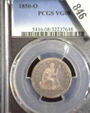 1850 New Orleans Type 2, No Motto, U.S. Seated Liberty Quarter, PCGS slabbed VG08. Only 396,000 mint