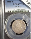1855 S Type 4, No Motto, Arrows at date U.S. Seated Liberty Quarter, slabbed PCGS VG10 Arrows. 396,4