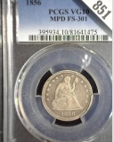 1856 Type 2 No motto U.S. Seated Liberty Quarter, slabbed PCGS VG10 MPD FS-301. This is the only one