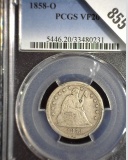 1858 New Orleans Type 2 No motto U.S. Seated Liberty Quarter, slabbed PCGS XF40. 4 exist in this gra