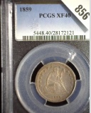 1859 Type 2 No motto U.S. Seated Liberty Quarter, slabbed PCGS XF40. 35 exist in this grade.
