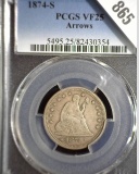 1874 S Arrows with Motto U.S. Seated Liberty Quarter, slabbed PCGS VF25 Arrows. Mtg. 392,000