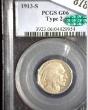 1913 S Type 2 Buffalo Nickel, PCGS slabbed G06 CAC green label.