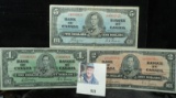 January 2, 1937 Bank of Canada One Dollar, Two Dollar, & $5 Banknotes.