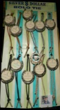(12) Silver Dollar Bolo Ties on Sales Stand up Display. (No coins) Made in U.S.A.