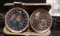 Leather two-pocket Coin purse with a pair of $5 Republic of Liberia Statue of Liberty crowns, one is