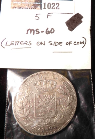 1869 Belgium Silver Five Francs. Letttered edge.