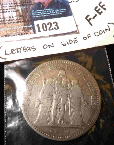 1849 A France Silver Five Francs, Die II. VF. Letttered edge.