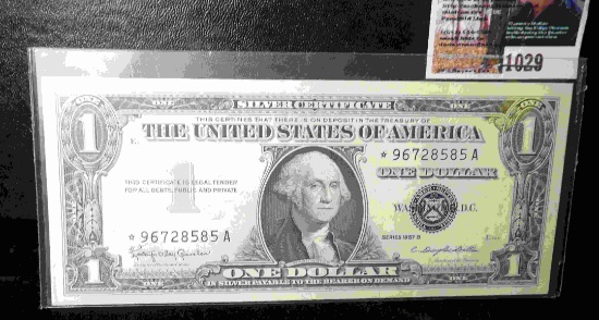 Series 1957B Star Replacement One Dollar Silver Certificate, AU. In sleeve.