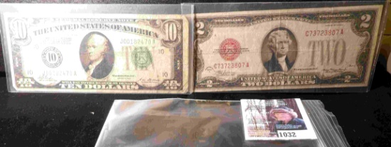 Series 1928 D $2 U.S. Note "Red Seal" & Series 1928 $10 FRN "Redeemable in Gold on Demandâ€¦" Bankno