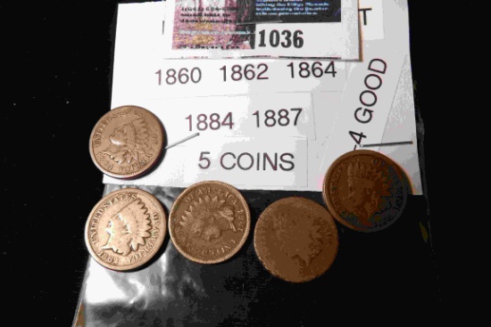 1860, 1862, 1864, 1884, & 1887 Indian Head Cents. (5 pcs.) Average condition.