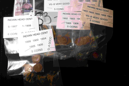 (31) Indian Head Cents, some carded, dating between 1887-1908. Average G-VG.