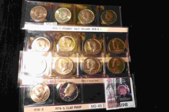(14) Kennedy Half Dollars dating 1974-78S. All BU or Proof. Includes a couple Silver Halves.