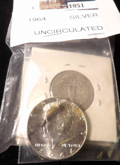 1964 P Kennedy Silver Half Dollar, toned BU; & 1938 P, 39 P, 40 S, 44 S, 44 P, & 45 P Silver Washing