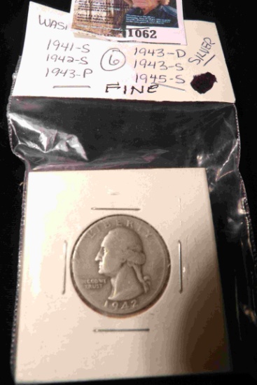 1941 S, 42 S, 43 P, D, S, & 45 S Silver Washington Quarters, ($1.50 face 90% Silver),