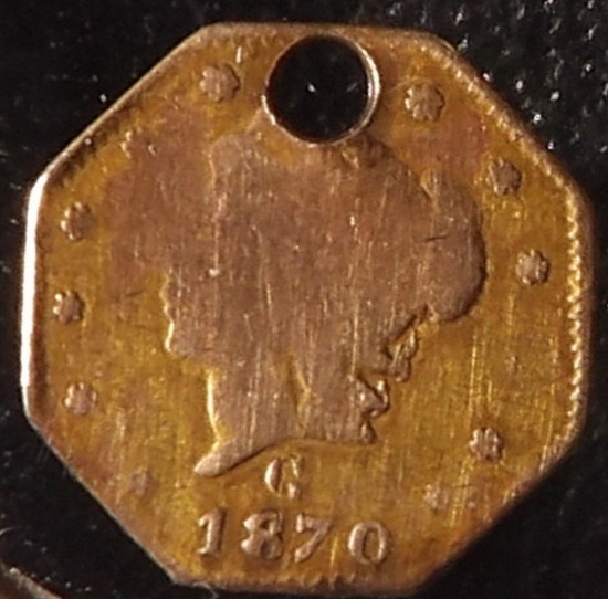 1870 G genuine Californial Fractional Gold 1/4 Dollar, holed, worn, probably worn as jewelry.