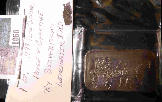One Ounce .999 Fine Silver Bar, Horse & Carriage, by Silvertowne, Winchester, Indiana.