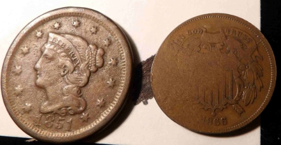 1866 U.S. Two Cent Piece (damaged) & 1851 U.S. Large Cent, EF but slightly porous.