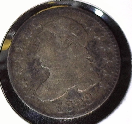 1823 U.S. Capped Bust Dime,  3 over 2, Large E's variety, Very Good.