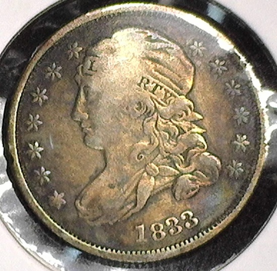 1833 U.S. Capped Bust Dime, Fine, reverse dent makes a flat area on LIBERTY.