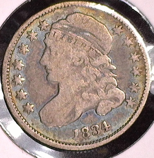 1834 Small 4 U.S. Capped Bust Dime, Fine.