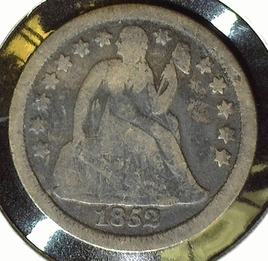 1852 P Type 3, Stars obverse U.S. Seated Liberty Dime,G+.
