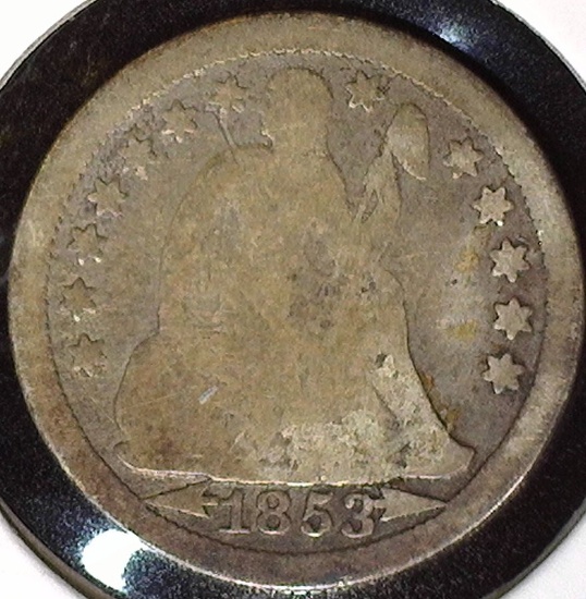 1853 Arrows at Date, Star obverse U.S. Seated Liberty Dime,G+.