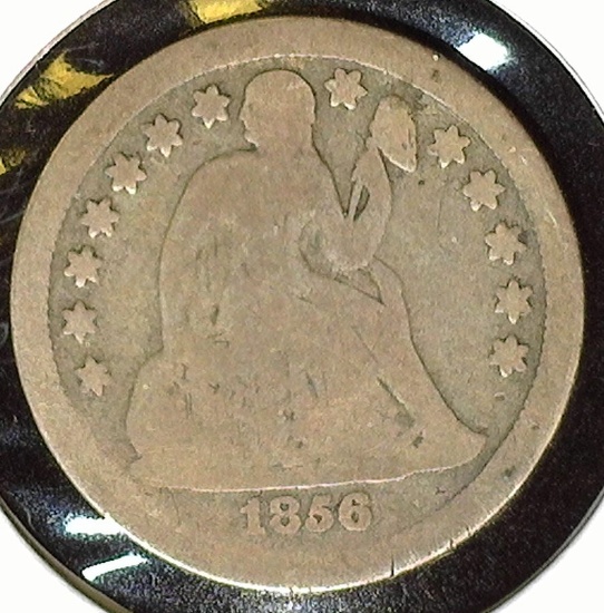 1856 S Type 3, Stars obverse U.S. Seated Liberty Dime, Good. Mtg. 70,000.