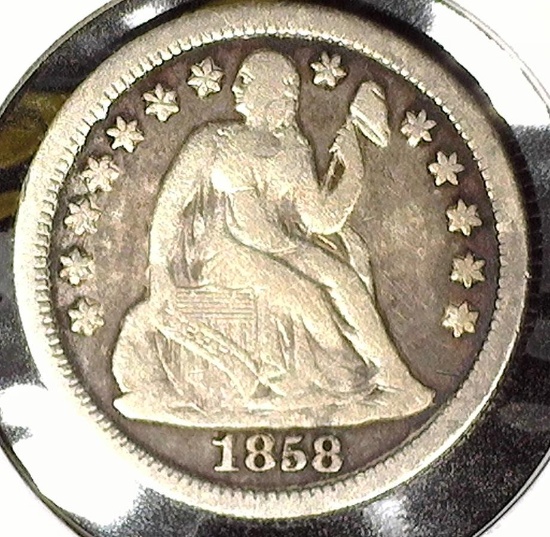 1858 O Type 3, Stars obverse U.S. Seated Liberty Dime, VF
