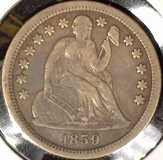 1859 Type 3, Stars obverse U.S. Seated Liberty Dime, VF.