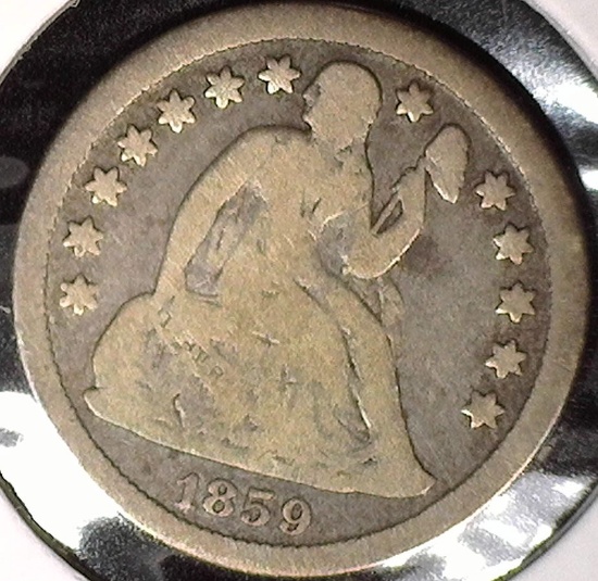 1859 O Type 3, Stars obverse U.S. Seated Liberty Dime, VG.