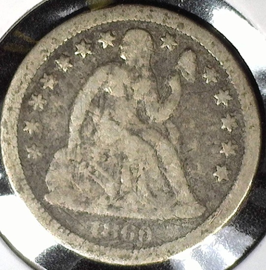 1860 S Type 3, Stars obverse U.S. Seated Liberty Dime, VG, Mtg. 140,000.