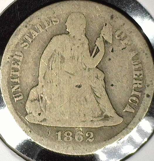 1862 S Civil War Date Type 5, Legend Obverse U.S. Seated Liberty Dime, Good, light obverse scratches