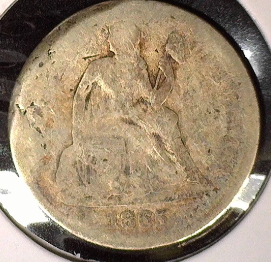 1865 Civil War Date Type 5, Legend Obverse U.S. Seated Liberty Dime, AG. Mtg. 10,000. Rare in all gr