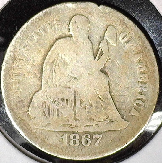 1867 S Type 5, Legend Obverse U.S. Seated Liberty Dime, Mtg. 140,000 pcs.